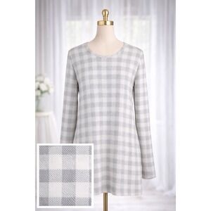 J. Jill Luxe Pima Crew Neck High Low Tee Gray White Check Pima Cotton Size M